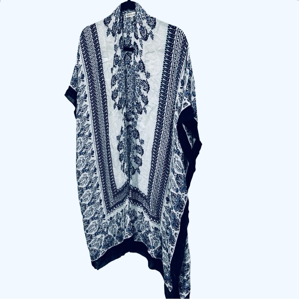 Woven Heart blue white boho kimono beach cover up flowy pool summer vacation - Picture 4 of 13